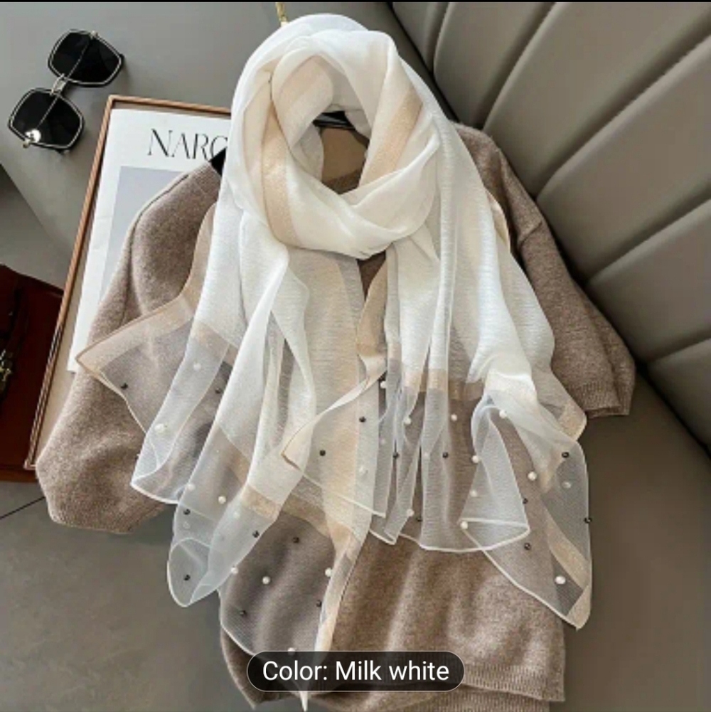 Scarf Elegant Milk White Pearl-Embellished with Gold Accent